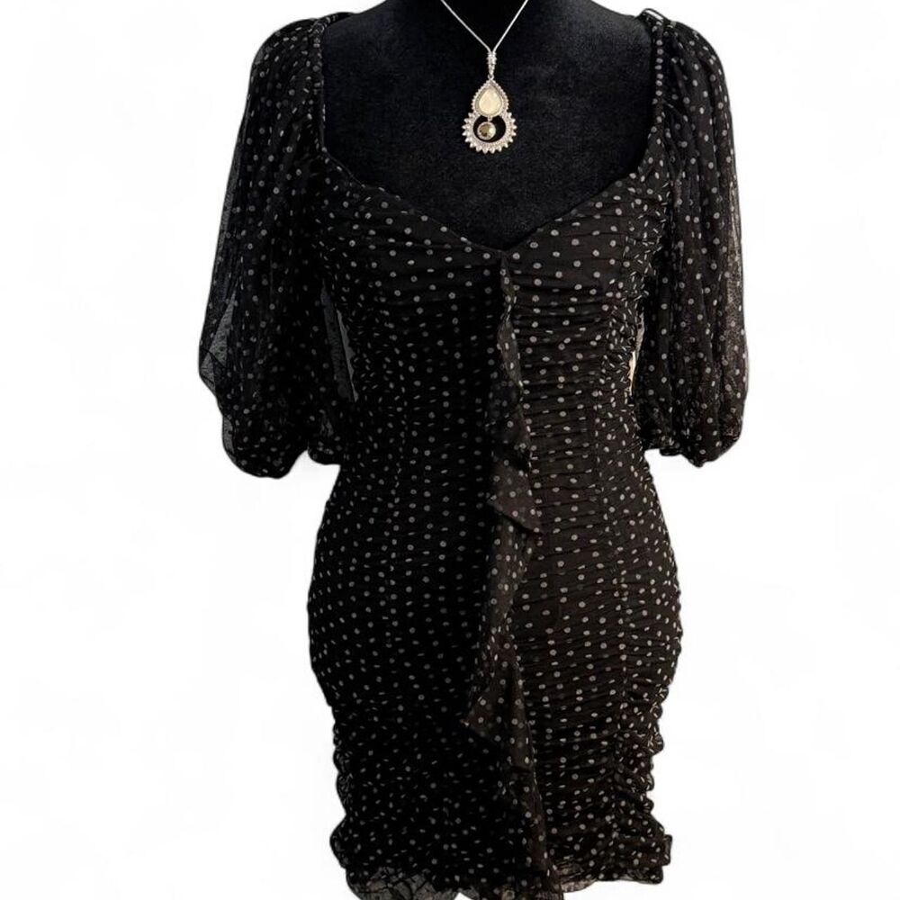 90s Coquette Romantic Softgirl Black Polka Dot Mesh Mini Dress Ruffled Ruched